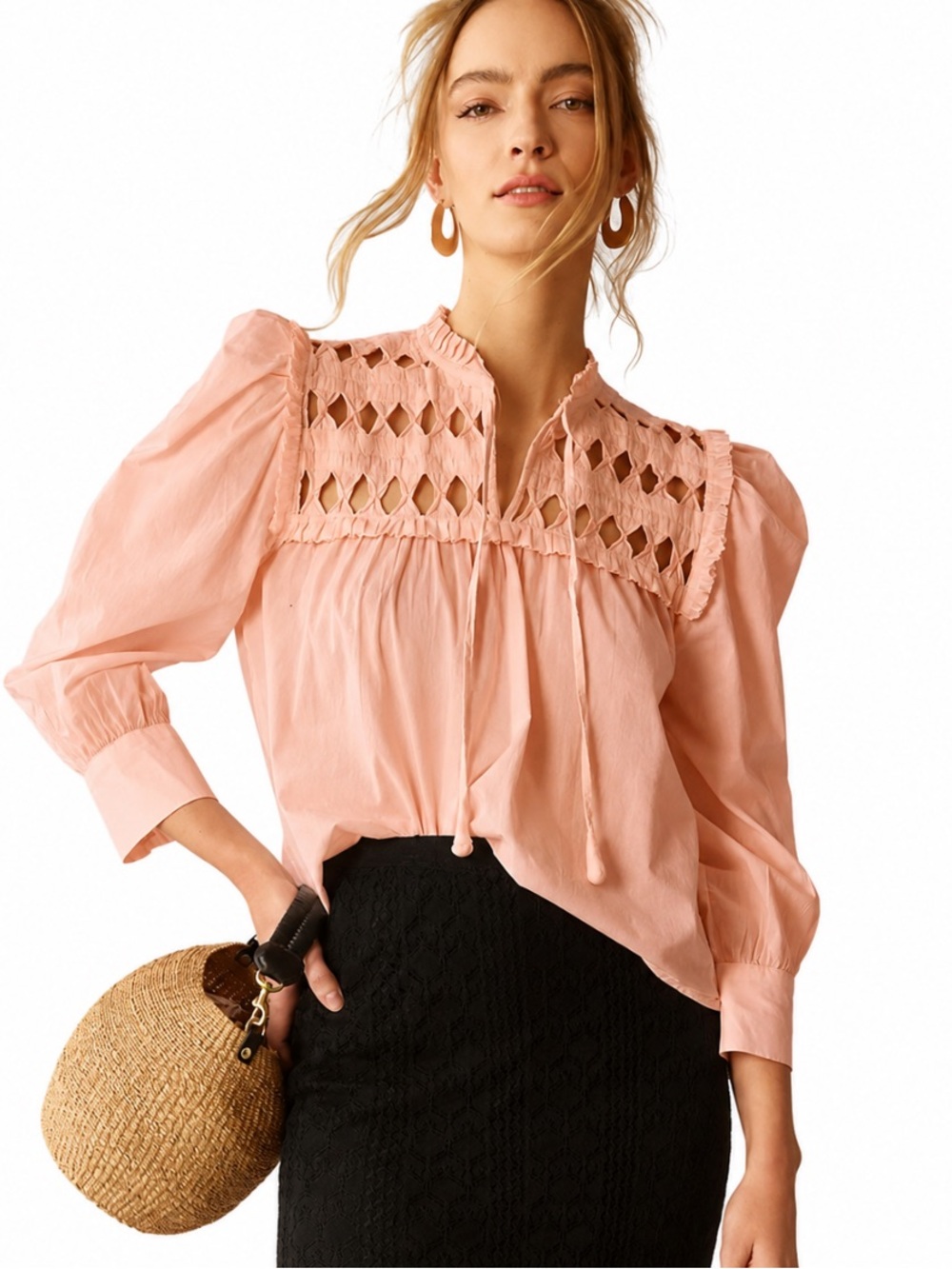 Anthropologie Self Contrast Top Cotton M Openwork Puff Sleeve Boho Prairie